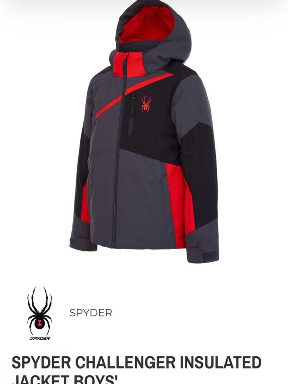 Spyder Boys' Challanger Insulated Hooded Jacket in Black, Gray and Red